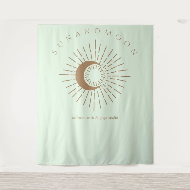 Green Brown Modern Celestial Sun Moon Tapestry (Front)