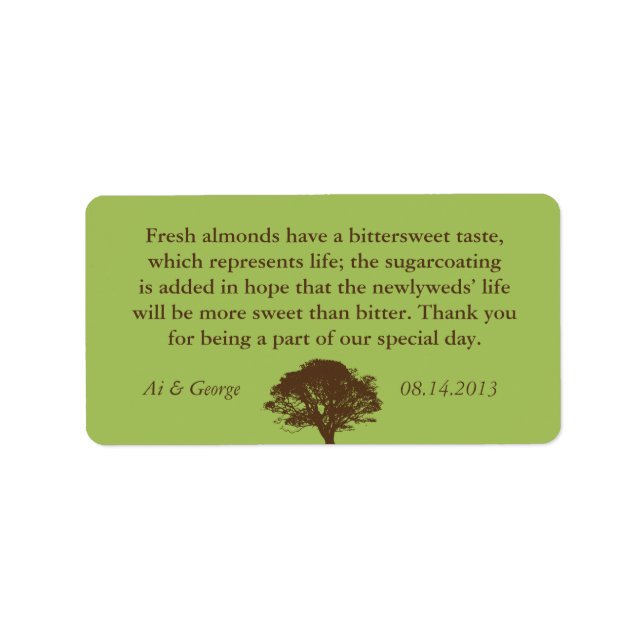 Green brown oak tree wedding quote favour label (Front)