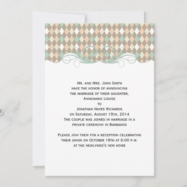 Green Brown Peach Harlequin Wedding Announcement (Front)