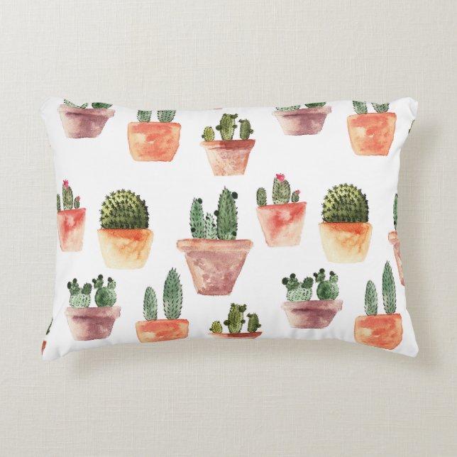 Green Brown Potted Cactus Pattern Decorative Cushion (Front)