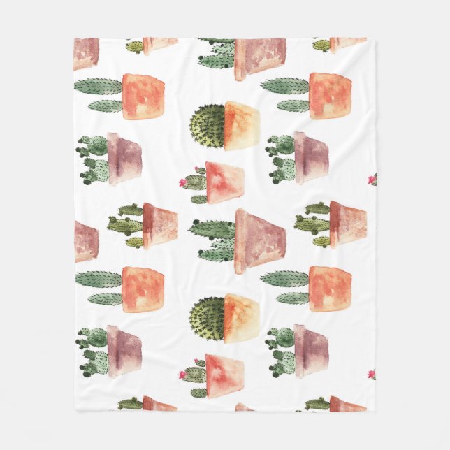 Green Brown Potted Cactus Pattern Fleece Blanket (Front)