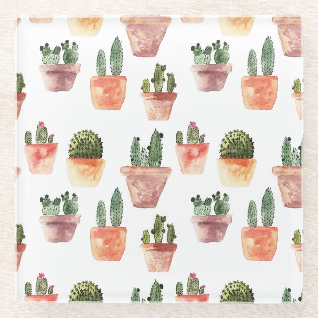 Green Brown Potted Cactus Pattern Glass Coaster (Front)