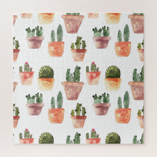 Green Brown Potted Cactus Pattern Jigsaw Puzzle