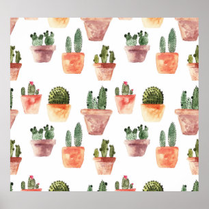 Green Brown Potted Cactus Pattern Poster