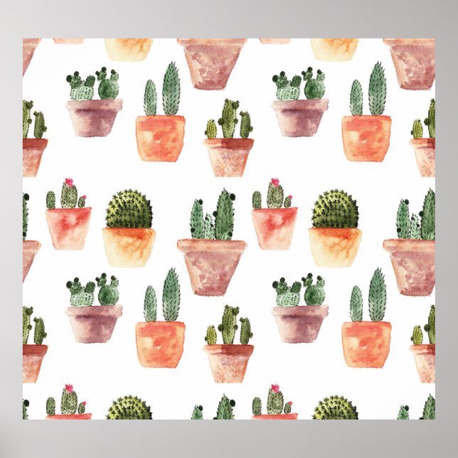 Green Brown Potted Cactus Pattern Poster (Front)