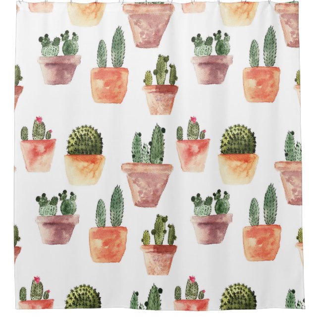 Green Brown Potted Cactus Pattern Shower Curtain (Front)