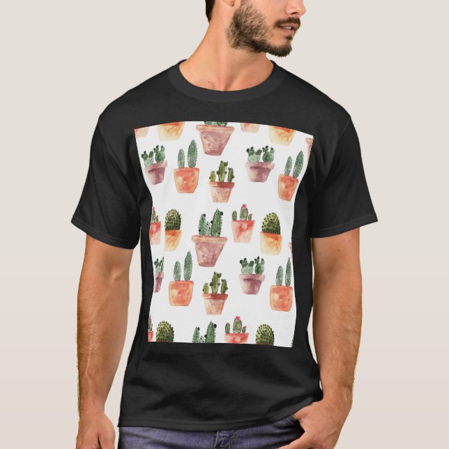 Green Brown Potted Cactus Pattern T-Shirt (Front)