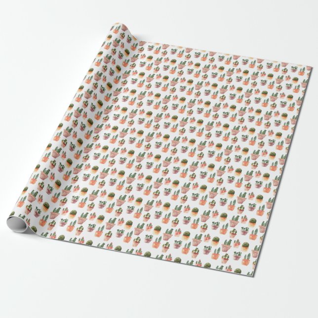 Green Brown Potted Cactus Pattern Wrapping Paper (Unrolled)