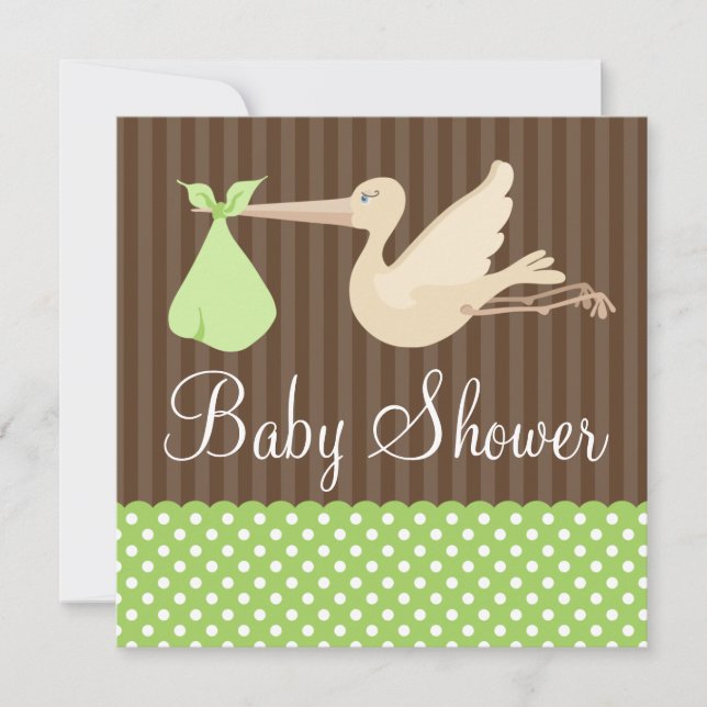 Green Brown Stork Dots Gender Neutral Baby Shower Invitation (Front)