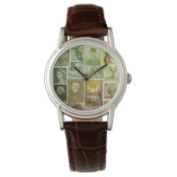 Green Brown Watch, Postage Stamp Collage Art