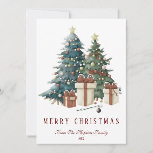 Green & Brown Watercolour Christmas Tree Holiday Card