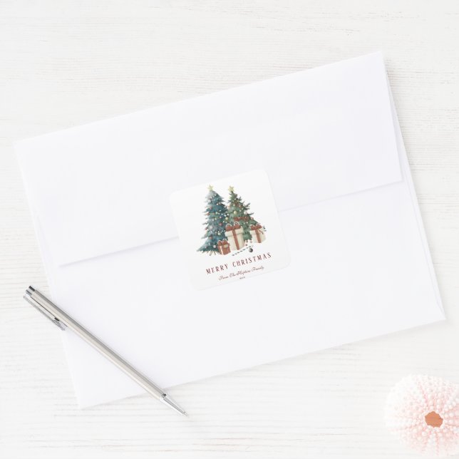 Green & Brown Watercolour Christmas Tree Square Sticker (Envelope)
