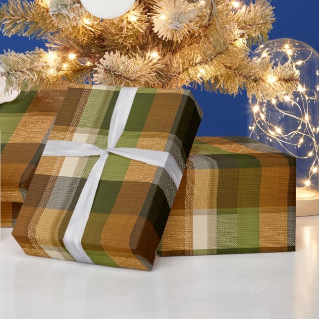 Green Brown Woodland Check Moss Plaid Pattern Wrapping Paper (Holidays)