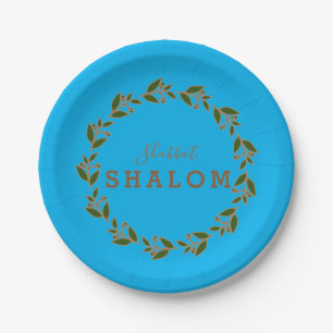 Green Brown Wreath, Shabbat Shalom Watercolor Paper Plate