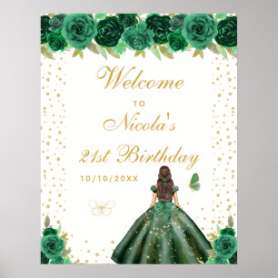 Green Brunette Hair Girl Birthday Party Welcome Poster