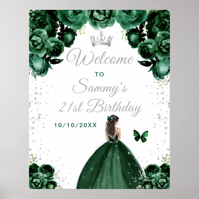 Green Brunette Hair Princess Birthday Welcome Poster (Front)