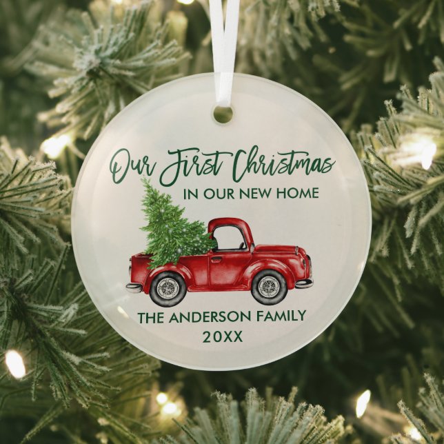 Green Brush Script Christmas New Home Truck Round Glass Tree Decoration (Insitu)