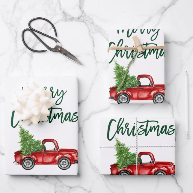 Green Brush Script Christmas Red Truck Wrapping Paper Sheet (Front)