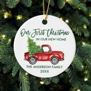 Green Brush Script First Christmas New Home Truck Ceramic Ornament