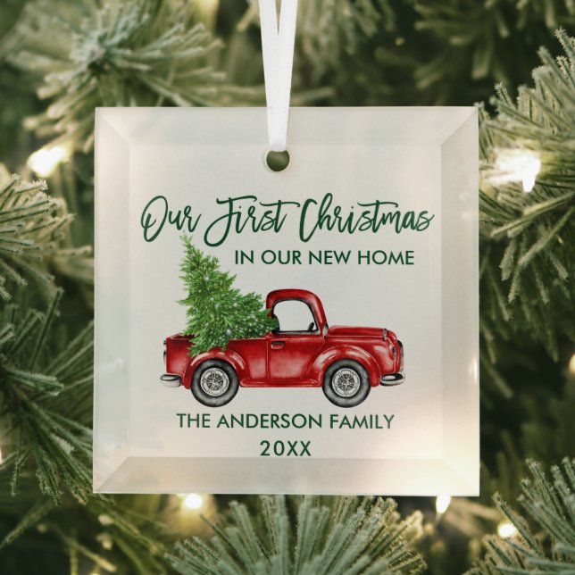 Green Brush Script First Christmas New Home Truck Glass Tree Decoration (Insitu)
