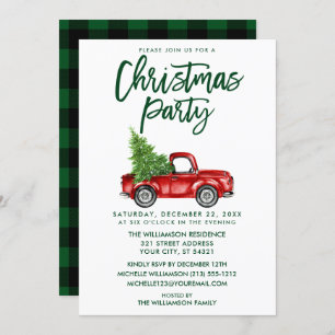 Green Brush Script Plaid Truck Christmas Party Invitation