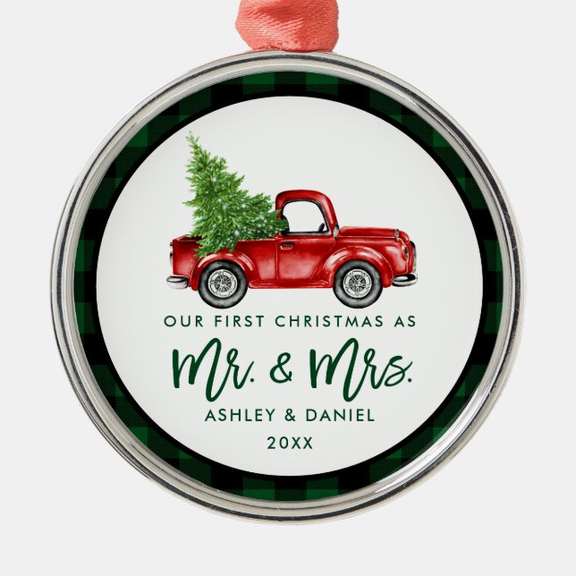 Green Brush Script Truck First Christmas Plaid Metal Ornament (Front)