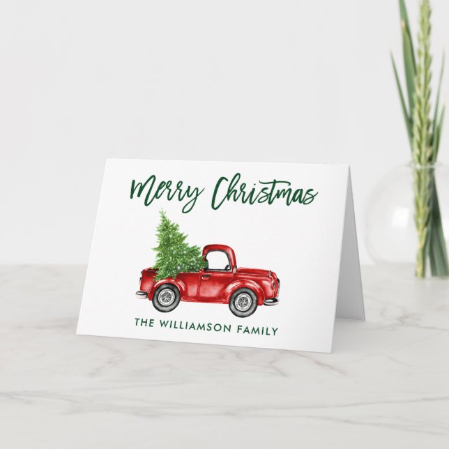 Green Brush Script Vintage Truck Christmas Fold Holiday Card (Front)