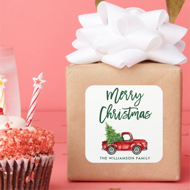 Green Brush Script Vintage Truck Christmas Square Sticker (Party)