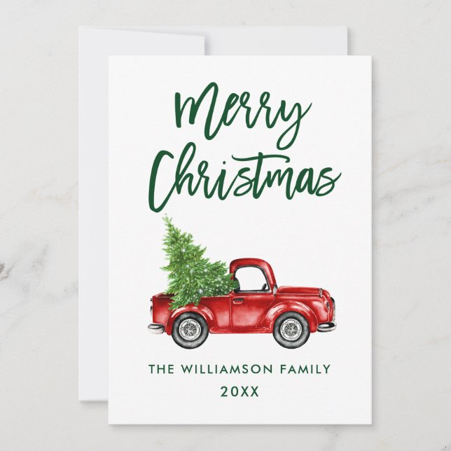 Green Brush Script Vintage Truck Christmas Tree Holiday Card (Front)