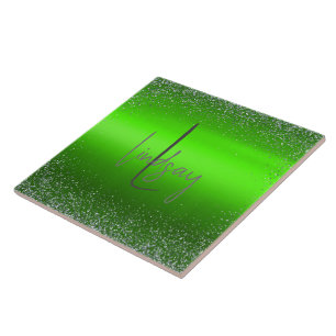 Green Brushed Metal Glitter Monogram Simple Ceramic Tile
