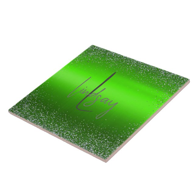 Green Brushed Metal Glitter Monogram Simple | Ceramic Tile (Side)