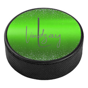 Green Brushed Metal Glitter Monogram Simple Hockey Puck