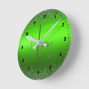 Green Brushed Metal Glitter Monogram Simple Round Clock