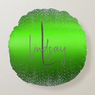 Green Brushed Metal Glitter Monogram Simple   Round Cushion