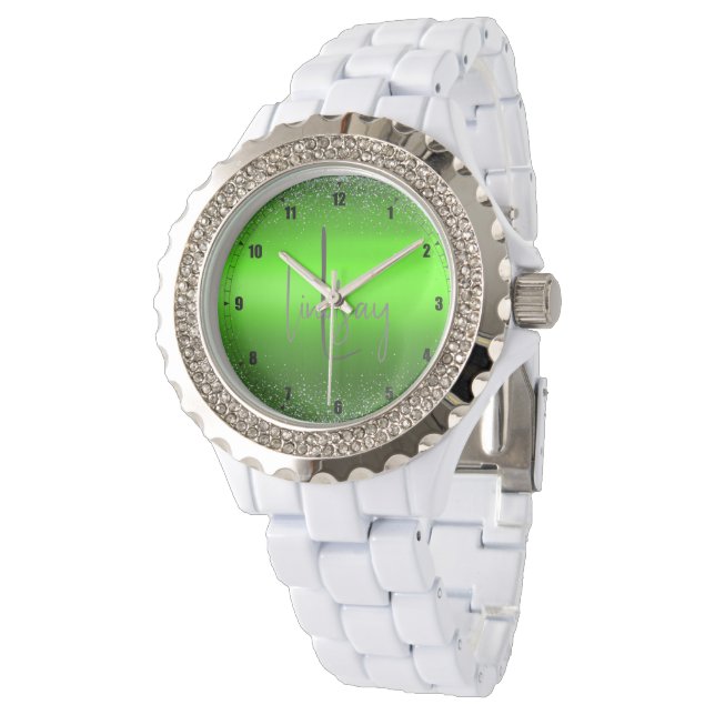 Green Brushed Metal Glitter Monogram Simple | Watch (Angled)