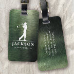 Green Brushed Metal Personalised Monogram Golfer Luggage Tag<br><div class="desc">This design features a golfer swinging a club and has two text fields that you can use to personalise it - perhaps with a name and golf team or club.</div>