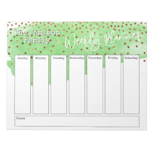 Green Brushstroke Gold Confetti Weekly Planner Notepad