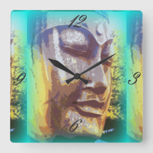 green buddha face square wall clock