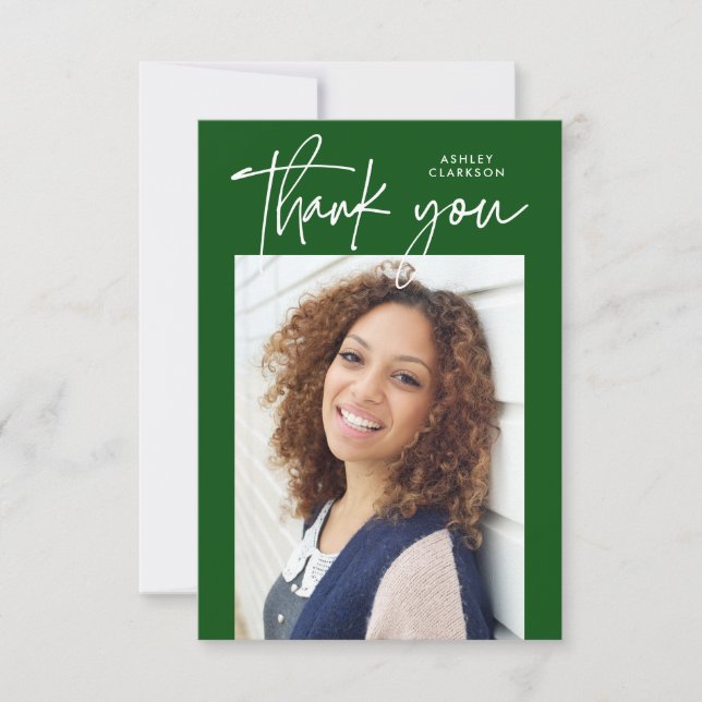 Green Budget Modern Calligraphy Photo Graduation Thank You Card (Front)