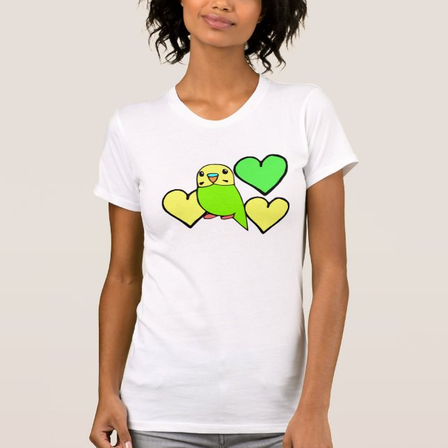 Green Budgie with Hearts T-shirt (Front)