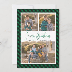 Green Buffalo Check 3 Photo Collage Christmas Holiday Card