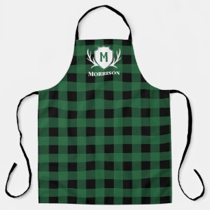 Green Buffalo Check Antler Shield Rustic Monogram Apron