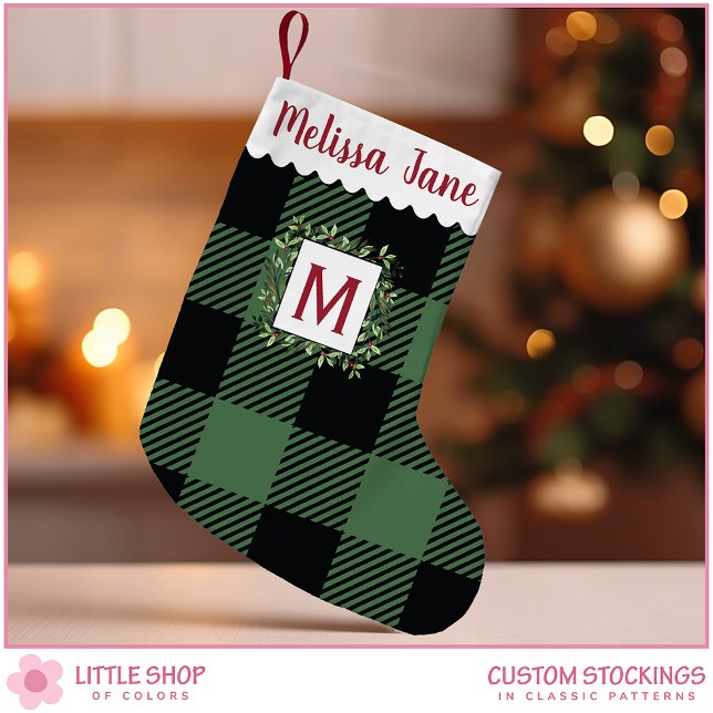 Green Buffalo Check Evergreen Wreath Monogram Small Christmas Stocking (Creator Uploaded)