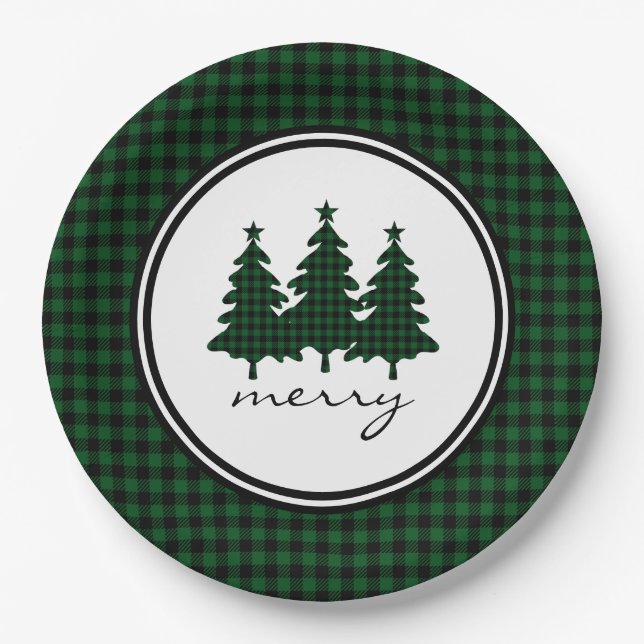 Green Buffalo Check Pine Trees Paper Plate (Front)