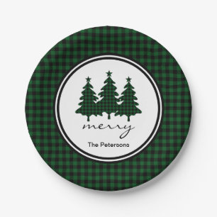 Green Buffalo Check Pine Trees Personalised Paper Plate
