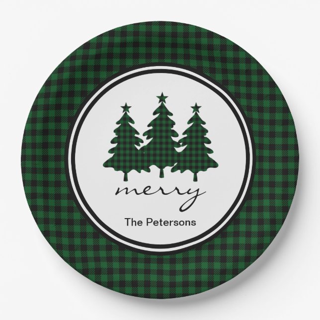 Green Buffalo Check Pine Trees Personalised Paper Plate (Front)