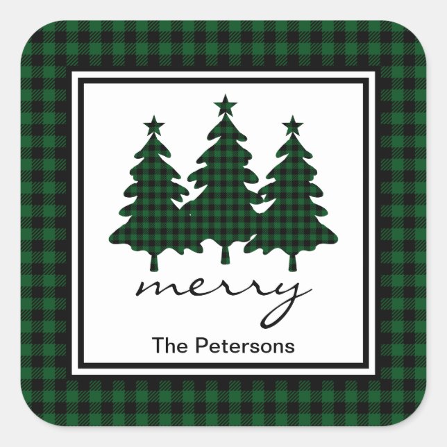 Green Buffalo Check Pine Trees Personalised Square Sticker (Front)