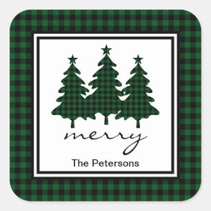 Green Buffalo Check Pine Trees Personalised Square Sticker