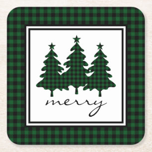 Green Buffalo Check Pine Trees Square Paper Coaster