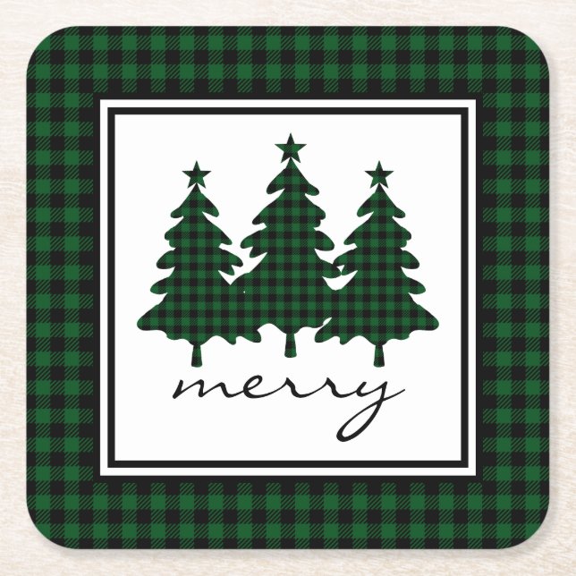 Green Buffalo Check Pine Trees Square Paper Coaster (Front)